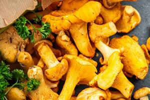 chanterelles fresco cogumelos delicioso cogumelo Aperitivo refeição Comida lanche em a mesa cópia de espaço Comida fundo rústico topo Visão ceto ou paleo dieta vegetariano vegano Comida foto