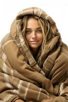 Individual embrulhado dentro acolhedor cobertor reforço outono calafrio isolado em uma branco fundo foto