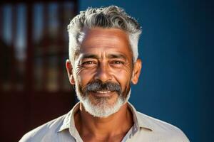 indiano homem Anos 70 com curto cinzento cabelo fotografado contra azul fundo foto