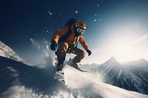 snowboarder saltar montanhas. gerar ai foto
