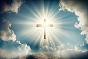 Páscoa cristão conceito Jesus Cristo Rezar sinceramente e dando glória para Deus com Cruz dentro brilhante luz foto