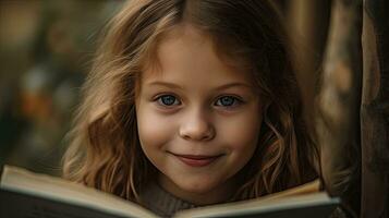 feliz menina lendo uma livro perfeito para educacional materiais generativo ai foto