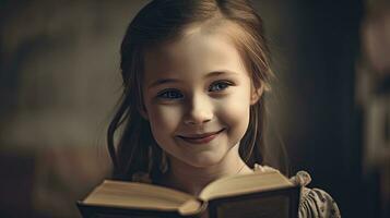 alegre menina lendo uma livro foto