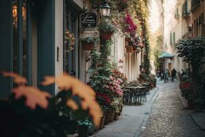 colorida parisiense rua com pitoresco cafés e flor decorações foto