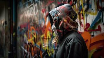 urbano grafite arte figura inclinado contra parede com de capuz foto