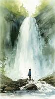 majestoso cascata com uma escondido face dentro aguarela pintura foto