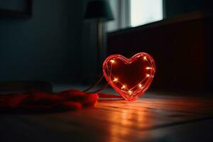 encantador vermelho em forma de coração conduziu faixa para uma acolhedor interior foto