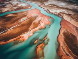 abstrato aéreo Visão do deserta terra com Rosa e azul sal água foto
