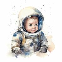 adorável bebê astronauta dentro aguarela em branco fundo para berçário decoração generativo ai foto