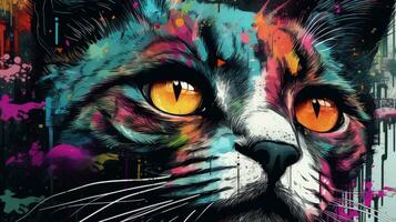 colorida grafite rua arte com uma engraçado gato e uma semelhante a um rei cara foto