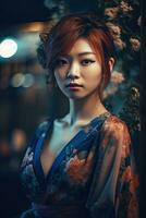 glamouroso japonês mulher dentro animê estilo com embaçado fundo foto