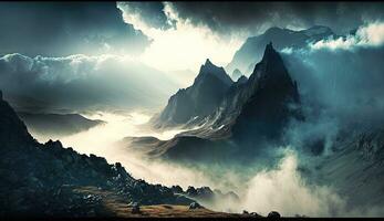 majestoso montanha panorama com névoa e nuvens foto