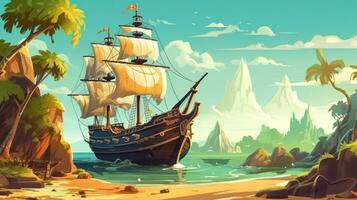 aventura espera pirata navio em uma tropical ilha foto
