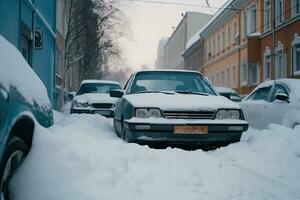 inverno país das maravilhas coberto de neve carros estacionado dentro a cidade depois de uma nevasca generativo ai foto