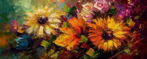 vibrante óleo pintura do colorida flores em uma colorida fundo foto