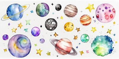 colorida aguarela kawaii planetas e estrelas em branco fundo foto