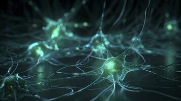 brilhando neurônio células com interligado nós dentro azul e verde foto