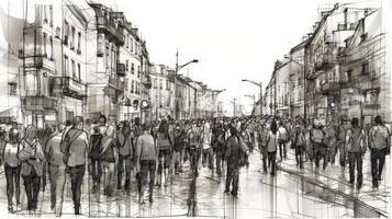 urbano desenhando do uma multidão caminhando dentro tinta esboço foto