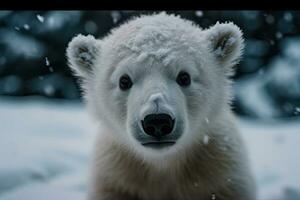 adorável bebê polar Urso jogando dentro Nevado inverno país das maravilhas foto
