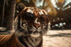 tropical tigre dentro oculos de sol relaxante em a de praia foto