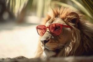 leão rei do a de praia fofa leão dentro vermelho oculos de sol relaxante em uma tropical paraíso foto