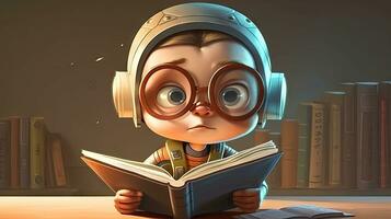 surpreso andróide criança lendo uma livro dentro desenho animado estilo foto