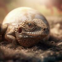 adorável bebê Dragão incubação a partir de ovo 3d rendido lagarto animal foto