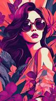 retro moda menina com negrito gráfico ilustração estilo oculos de sol e exótico folhas foto