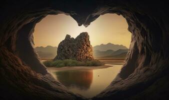 etéreo em forma de coração caverna em rio e montanhas às pôr do sol foto