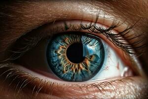 deslumbrante fechar-se do uma humano olho dentro azul foto