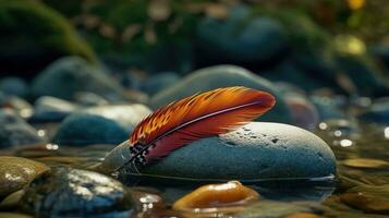 colorida pena flutuando acima rio seixo pedras foto