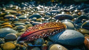 colorida pena flutuando dentro uma rio com seixo pedras foto