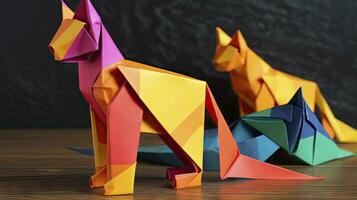 colorida origami gato invólucro papel para criativo presente dando foto