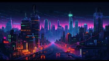 futurista cyberpunk paisagem urbana às noite com néon luzes e arranha-céus foto