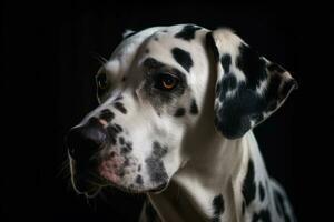 dálmata cachorro retrato em Preto fundo uma fiel e brincalhão animal foto