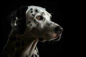 dálmata retrato em Preto fundo uma deslumbrante animal fotografia foto