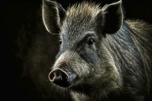 selvagem porco retrato em Preto fundo foto