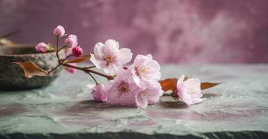 minimalista Rosa mesa com sakura flores foto