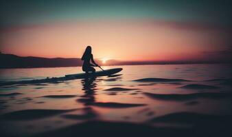 silhueta do uma fêmea surfista remar em calma águas às pôr do sol foto