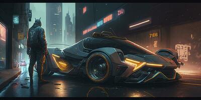 futurista Esportes carro corrida através cyberpunk cidade foto