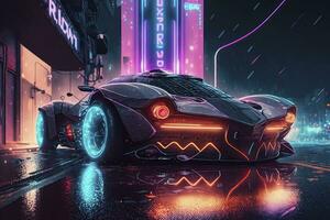 futurista Esportes carro dirigindo através néon cyberpunk cidade foto