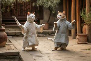 felino tai chi gatos vestido dentro humano túnicas praticando dentro uma pátio foto