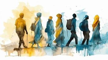 viagem do esperança silhuetas do refugiados caminhando ao longo uma azul e amarelo estrada foto
