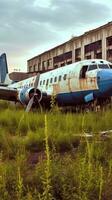 abandonado aeroporto dentro arruinar com cheio Relva e desmoronando edifícios generativo ai foto