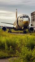 abandonado aeroporto dentro arruinar com cheio Relva e desmoronando edifícios generativo ai foto