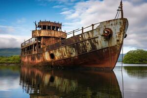 abandonado naufrágio uma decadente e ferrugem metal estrutura submerso dentro água generativo ai foto