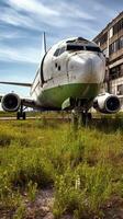 abandonado aeroporto dentro arruinar com cheio Relva e desmoronando edifícios generativo ai foto