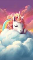 dormindo unicórnio com arco Iris juba e rabo em uma nuvem ai gerado foto