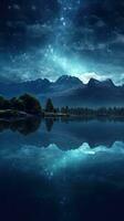 hipnotizante estrelado noite céu acima sereno lago com reflexão do cosmos ai gerado foto