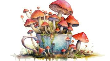 aguarela pintura do amanita muscaria cogumelos crescendo dentro a intrincado xícara de chá ai gerado foto